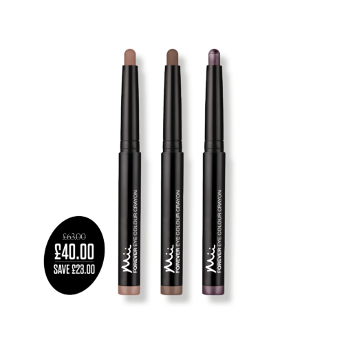 Forever Eye Crayon Trio packshot with price roundel - Forever Eye Crayon in Dusty Rose, Indigo and Mocha