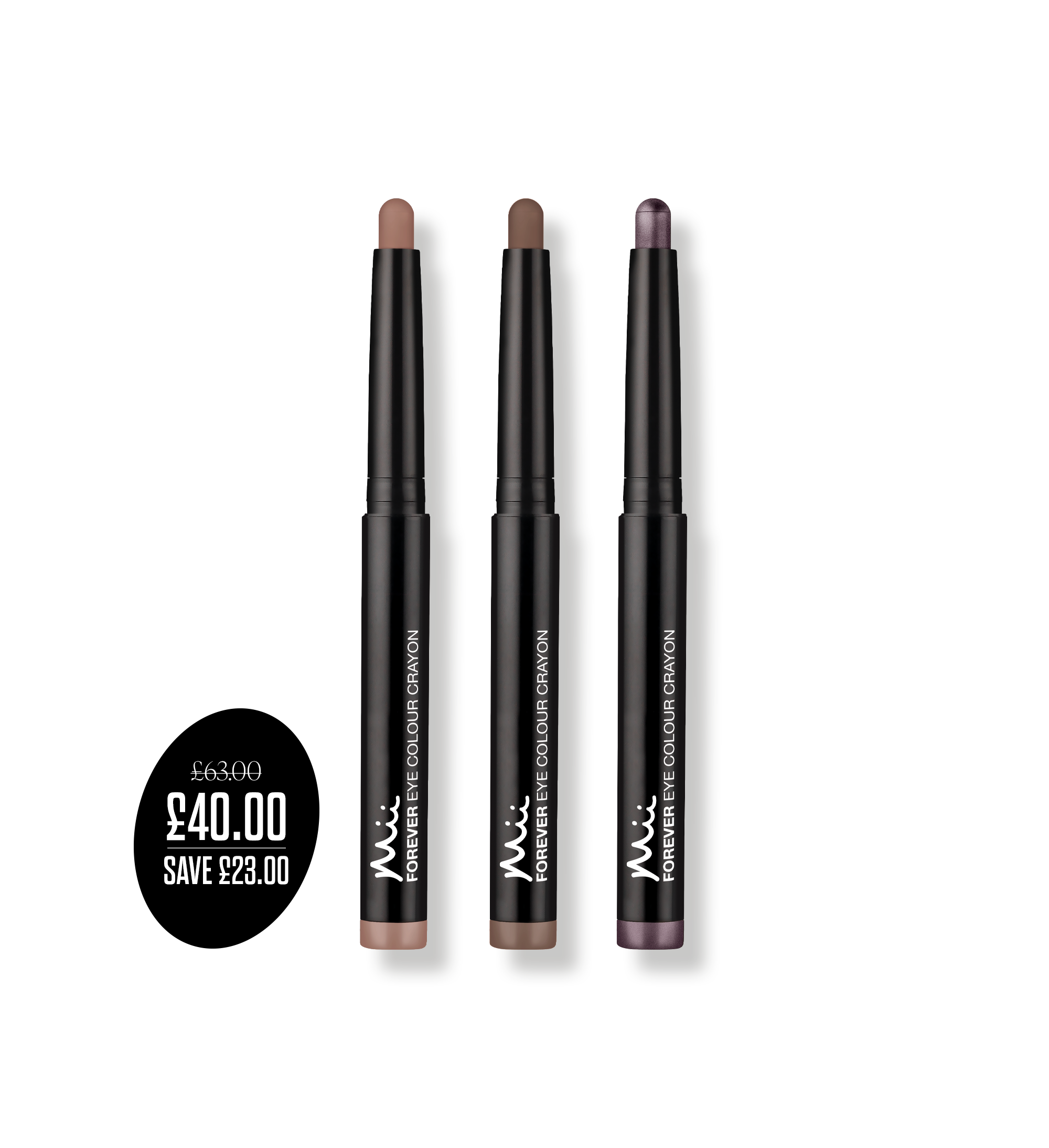 Forever Eye Crayon Trio packshot with price roundel - Forever Eye Crayon in Dusty Rose, Indigo and Mocha