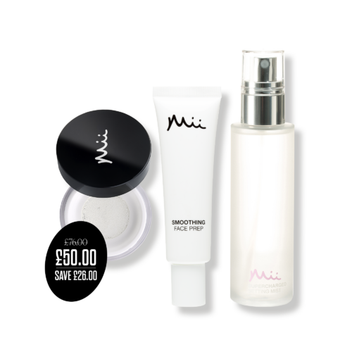 Longwearing ase Edit packshot with price roundel -Illusionist Translucent Powder, Smoothing Face Prep Primer and Supercharged Setting Mist