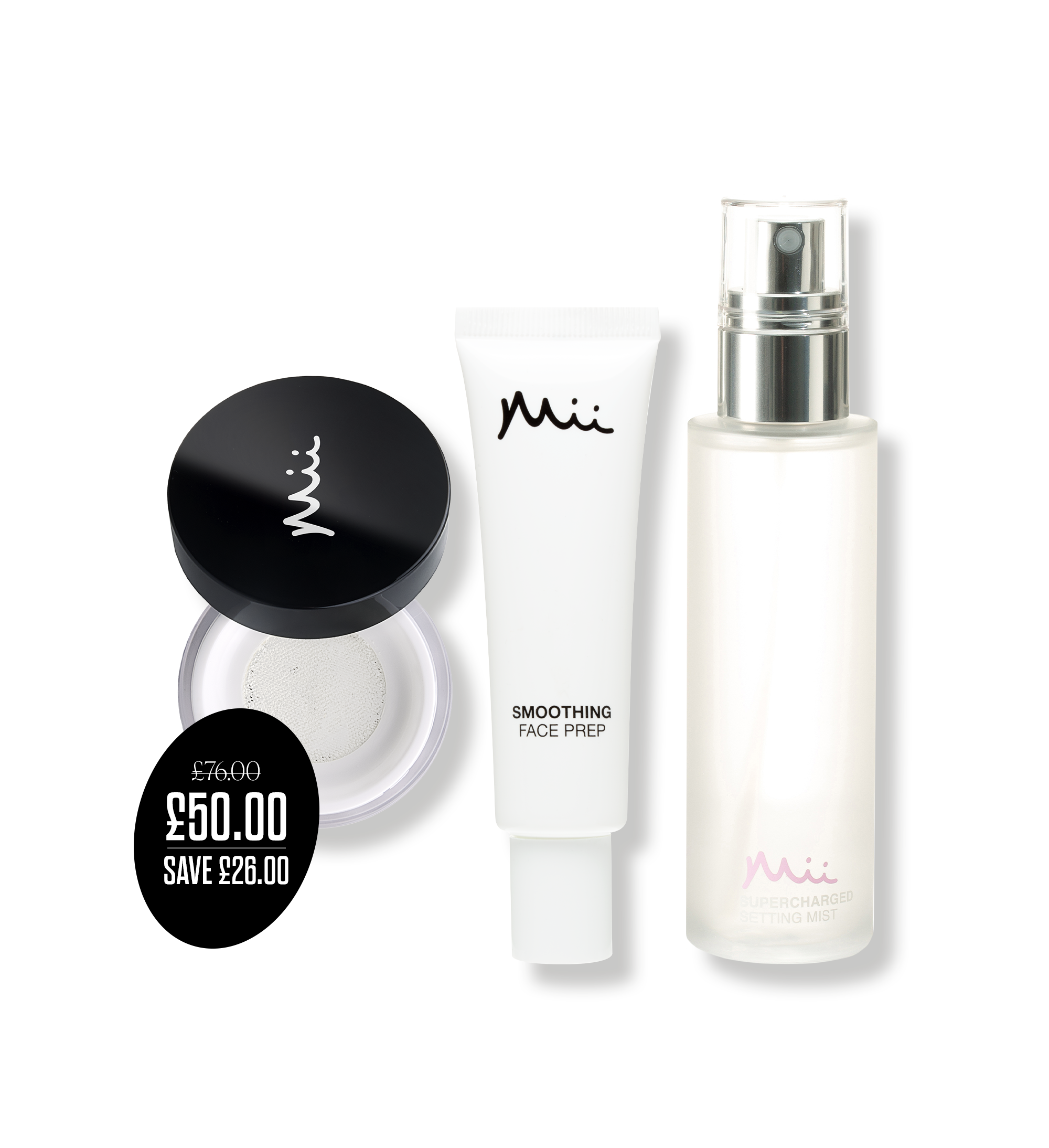 Longwearing ase Edit packshot with price roundel -Illusionist Translucent Powder, Smoothing Face Prep Primer and Supercharged Setting Mist