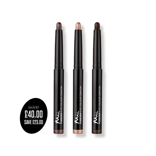 Forever Eye Crayon Eyeshadow Trio packshots with price roundel - Forever Eye Colour Crayon in Sorbet, Rose Gold and Walnut