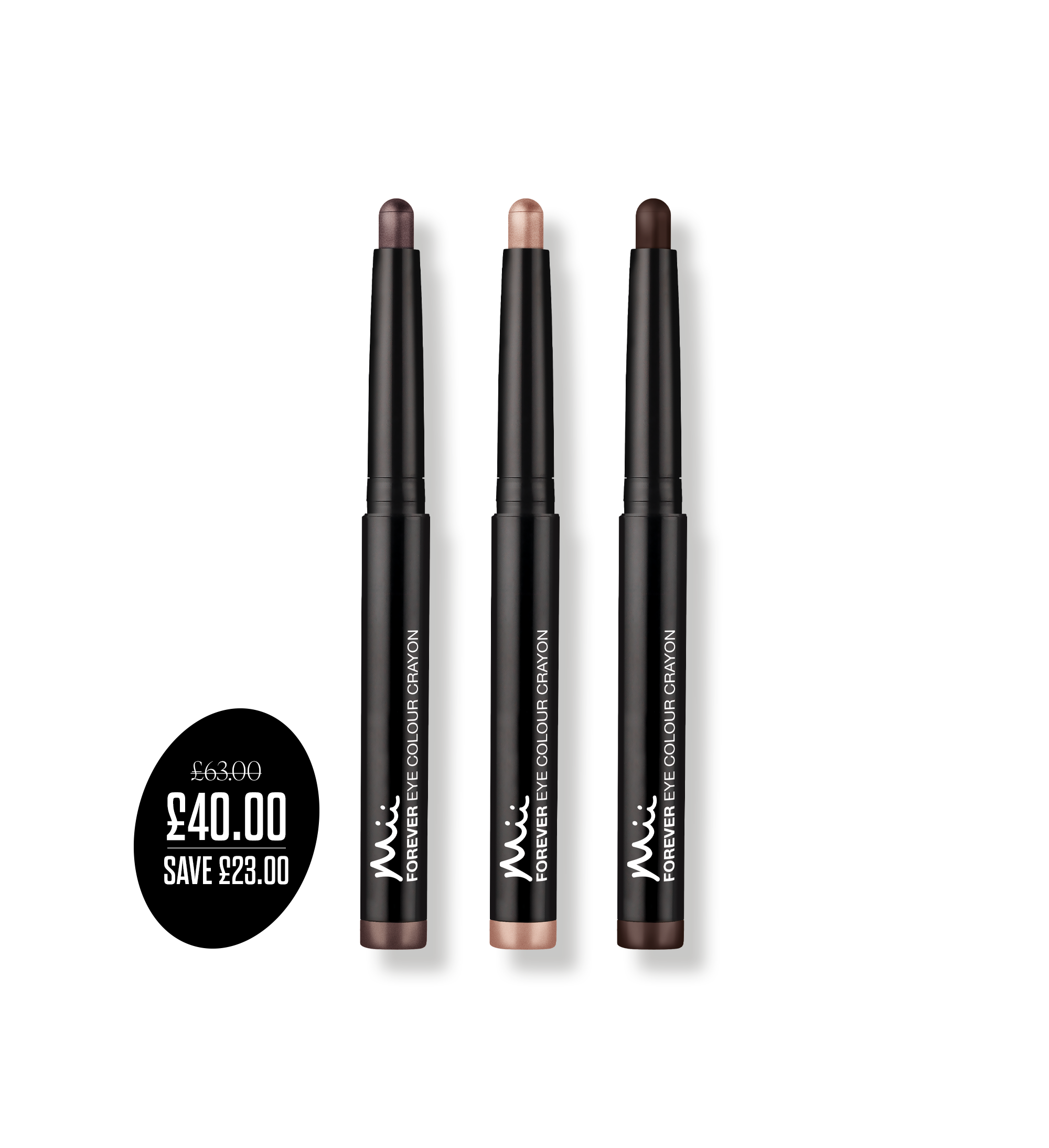 Forever Eye Crayon Eyeshadow Trio packshots with price roundel - Forever Eye Colour Crayon in Sorbet, Rose Gold and Walnut