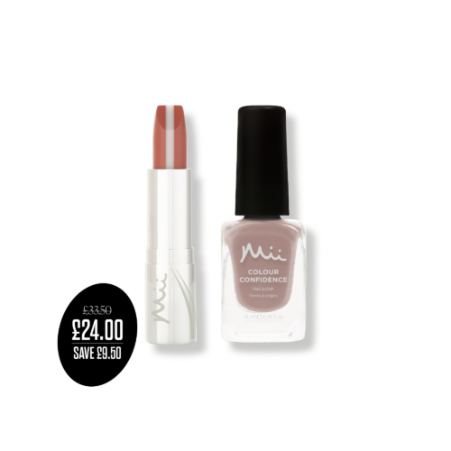 Colour Confidence Nail Polish & Lip Duo in Nudist packshots with price roundel - HydraBoost Lip Lover in Nudist and Colour Confidence Nail Polish in Café Au Lait
