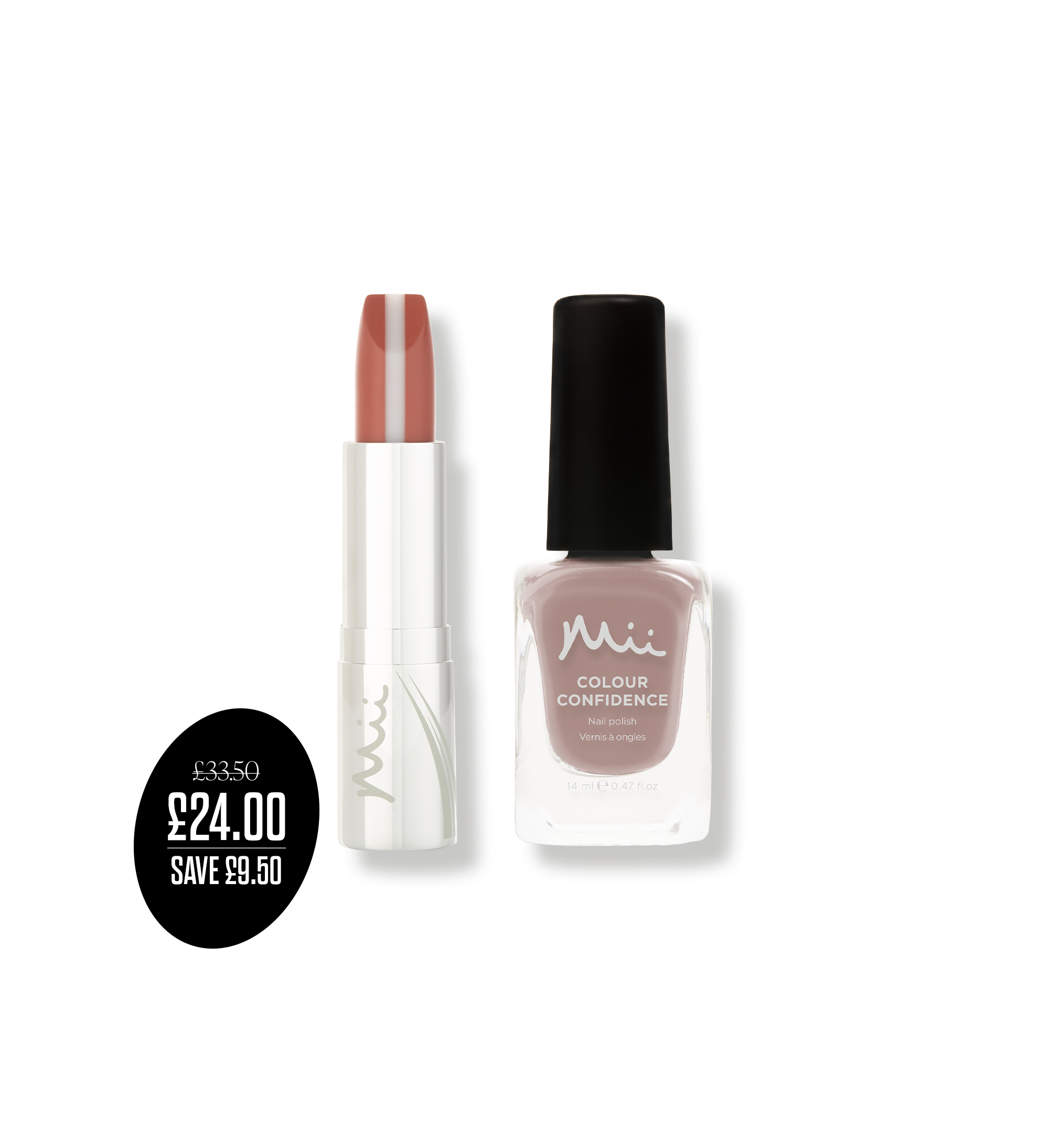 Colour Confidence Nail Polish & Lip Duo in Nudist packshots with price roundel - HydraBoost Lip Lover in Nudist and Colour Confidence Nail Polish in Café Au Lait