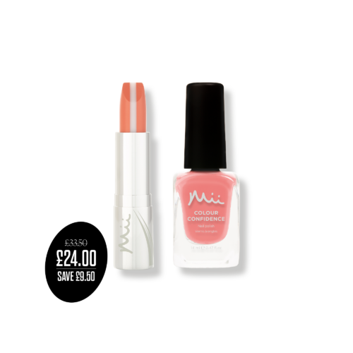 Colour Confidence Nail Polish & Lip Duo in Peachy packshots with price roundel - HydraBoost Lip Lover in Beach Bum and Colour Confidence Nail Polish in Merci Beaucoup