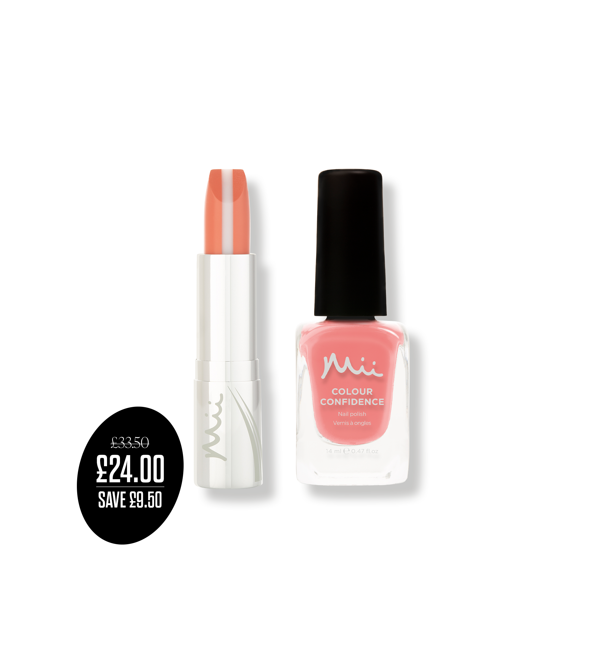 Colour Confidence Nail Polish & Lip Duo in Peachy packshots with price roundel - HydraBoost Lip Lover in Beach Bum and Colour Confidence Nail Polish in Merci Beaucoup