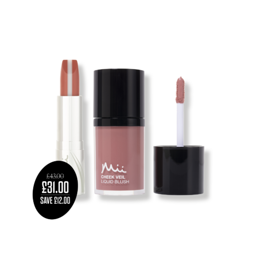 Colour Collection Lip & Cheek Duo in Nudist packshots with price roundel - Cheek Veil Liquid Blush in Splendour and HydraBoost Lip Lover in Nudist