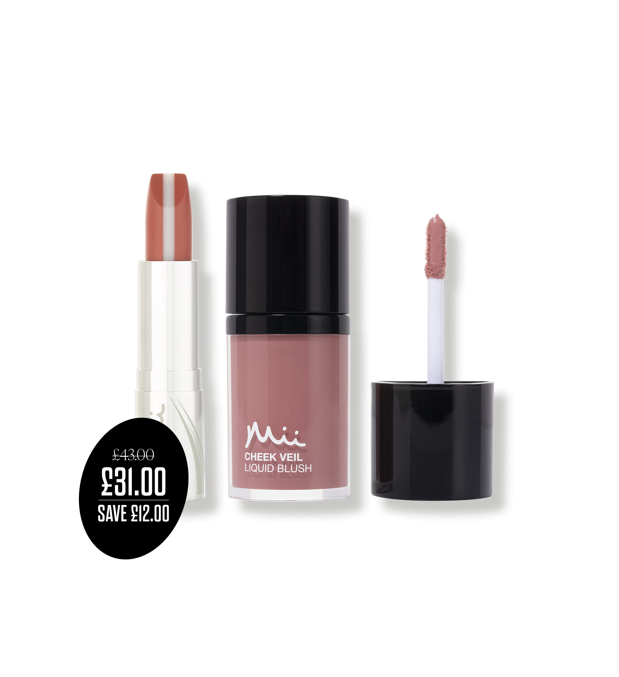 Colour Collection Lip & Cheek Duo in Nudist packshots with price roundel - Cheek Veil Liquid Blush in Splendour and HydraBoost Lip Lover in Nudist