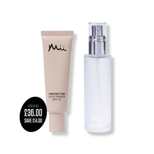 Prep + Set Glow Duo packshot with price roundel - Protective Face Primer and Get Your Glow Setting Mist