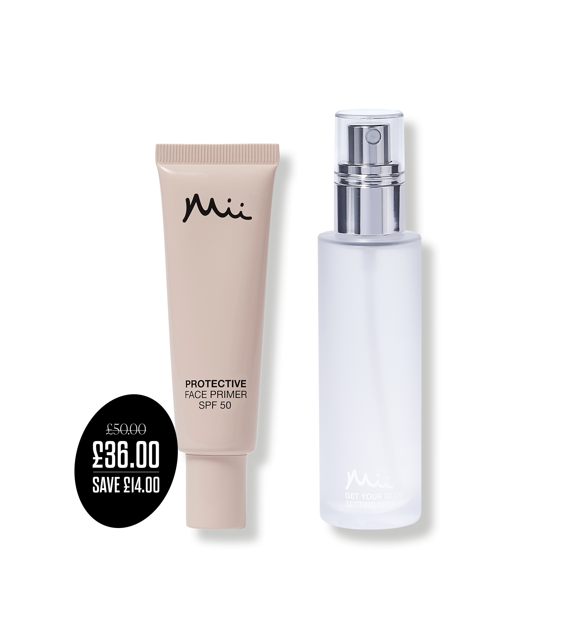 Prep + Set Glow Duo packshot with price roundel - Protective Face Primer and Get Your Glow Setting Mist