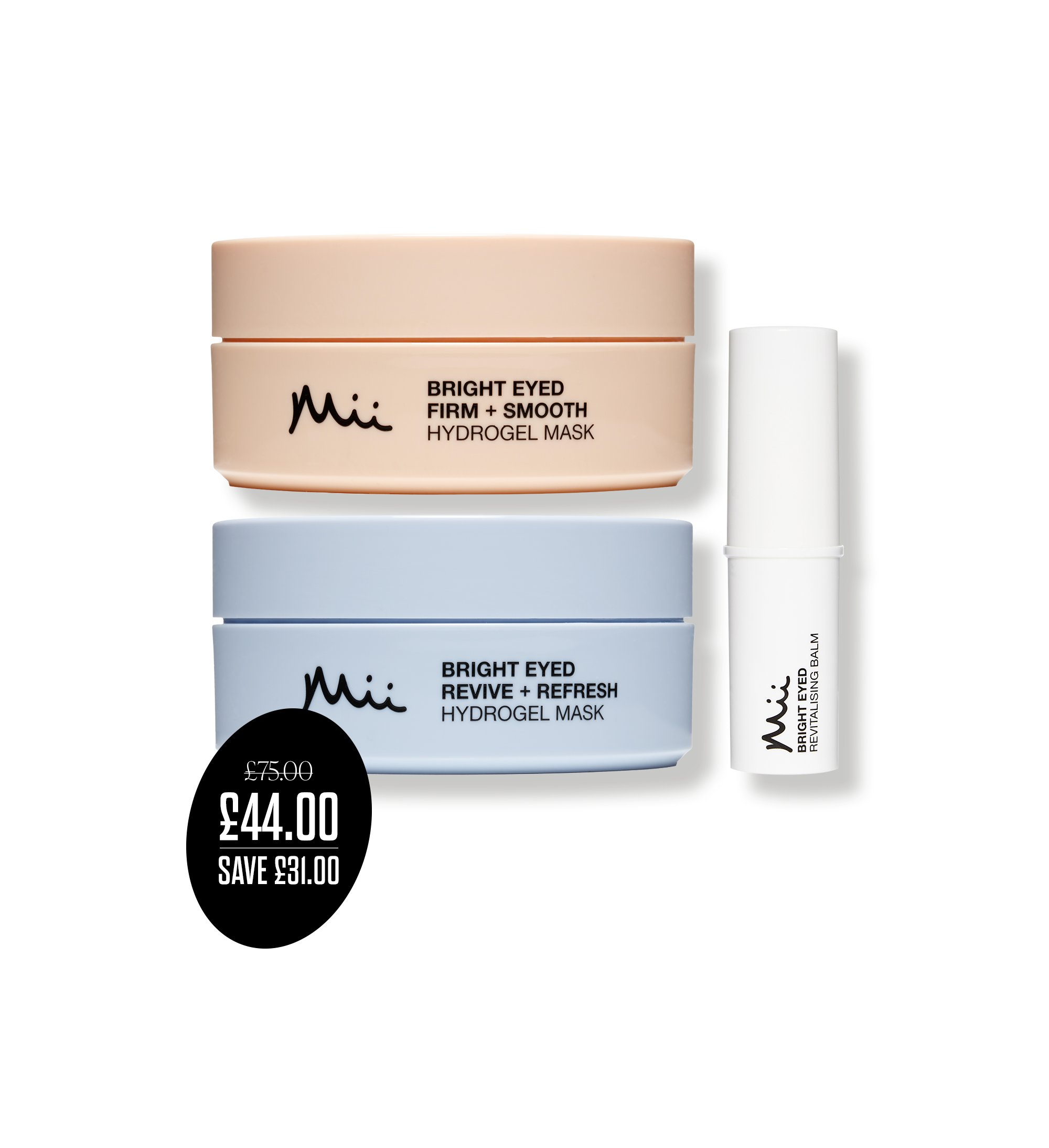Revive + Smooth Eyes Edit packshot with price roundel - Bright Eyed Firm + Smooth Hydrogel Mask, Bright Eyed Revive + Refresh Hydrogel Mask and Bright Eyed Revitalising Balm