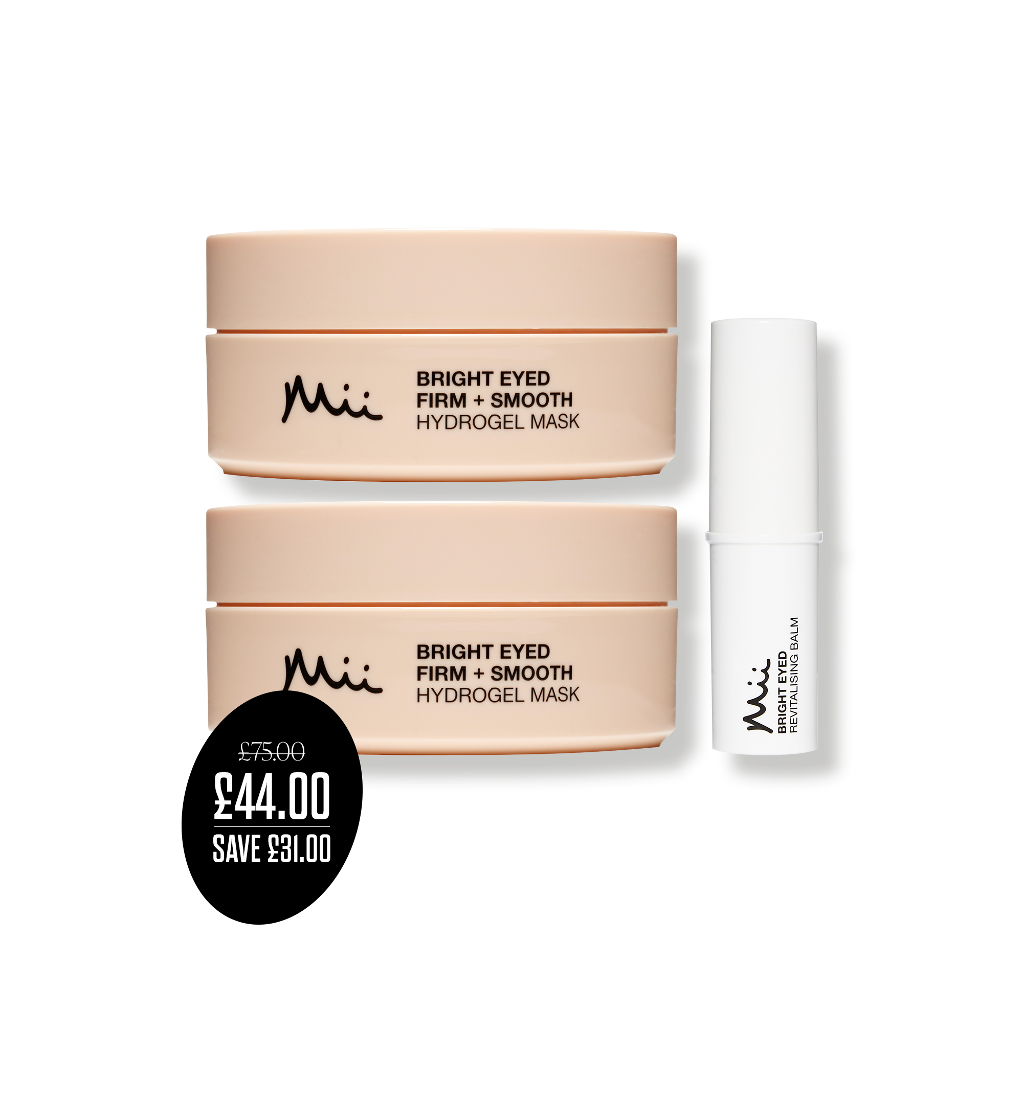 Smooth Eyes Edit packshot with price roundel - Bright Eyed Firm + Smooth Hydrogel Mask and Bright Eyed Revitalising Eye Balm