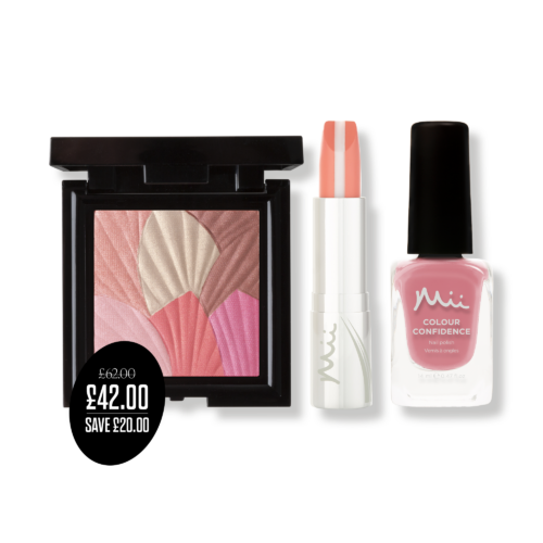 Glowing Lip, Cheek & Nail Trio in Sweet Pink product shot with price roundel - HydraBoost Lip Lover in Summer Lovin', Celestial Skin Shimmer in Rose Quartz, and The World Swiftly Changed Colour Confidence Nail Polish