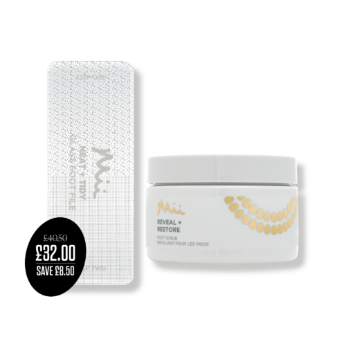 Refine + Restore packshot with price roundel - Neat + Tidy Glass Foot File and Reveal + Restore Foot Scrub