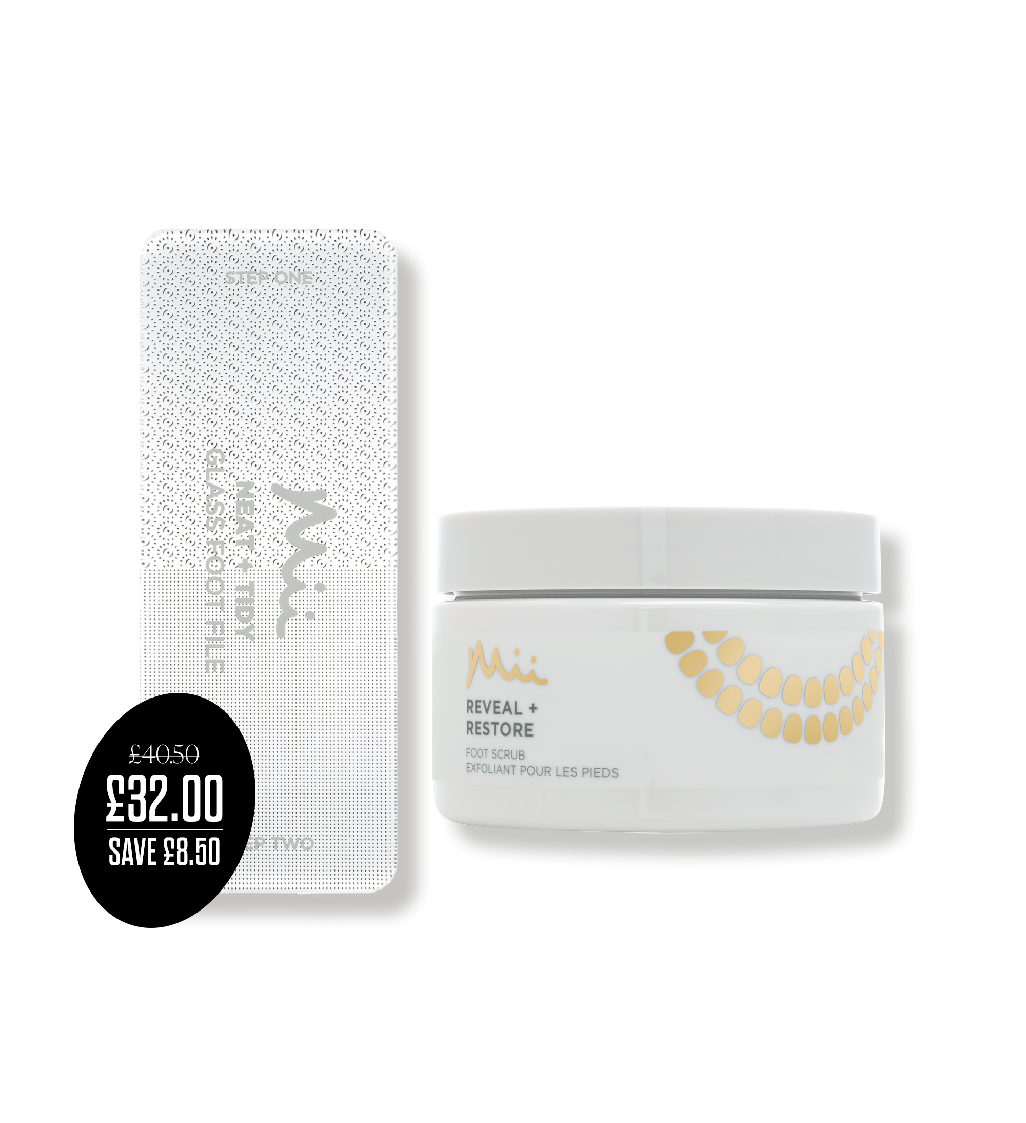 Refine + Restore packshot with price roundel - Neat + Tidy Glass Foot File and Reveal + Restore Foot Scrub