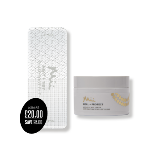 Heal + Protect Bundle packshot with price roundel - Neat + Tidy Galss Foot File and Heal + Protect Intense Heel Cream