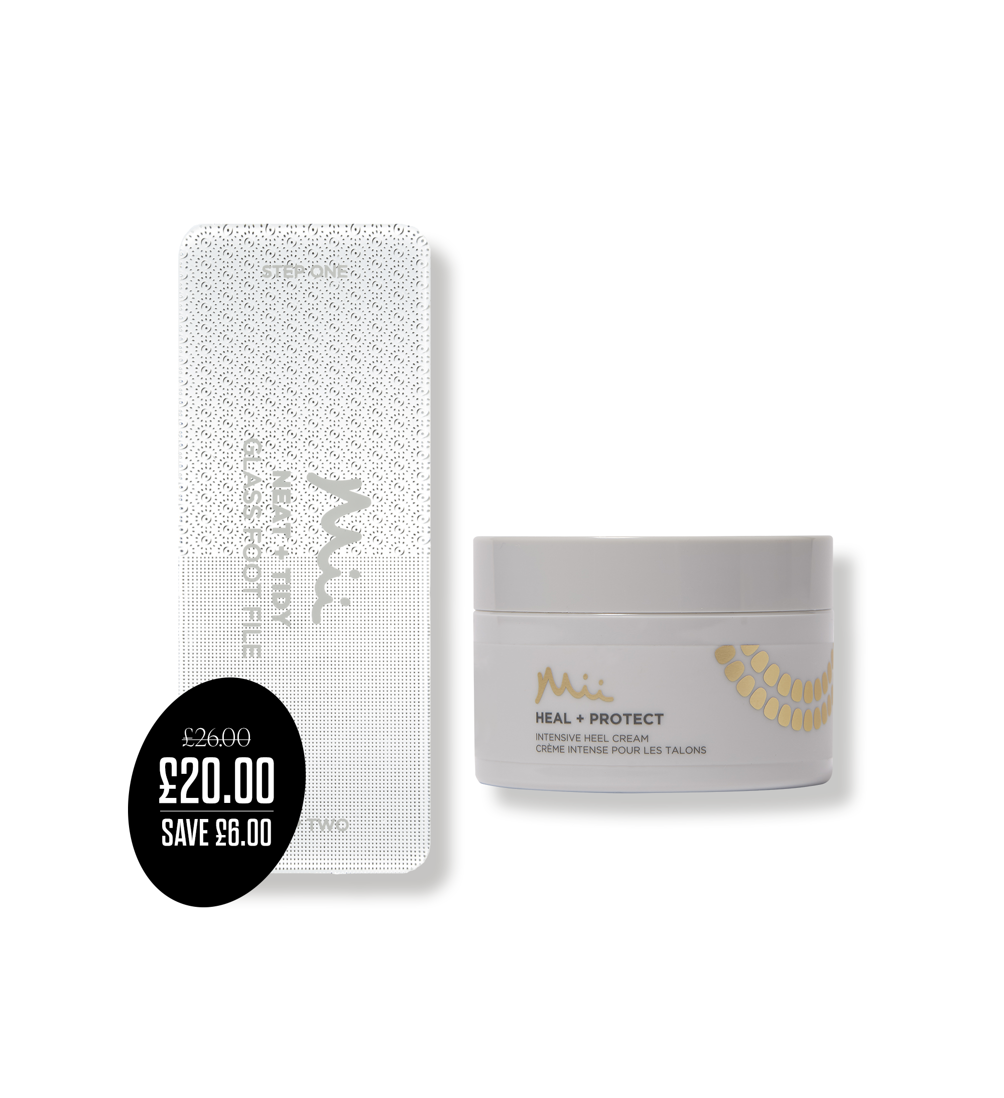 Heal + Protect Bundle packshot with price roundel - Neat + Tidy Galss Foot File and Heal + Protect Intense Heel Cream